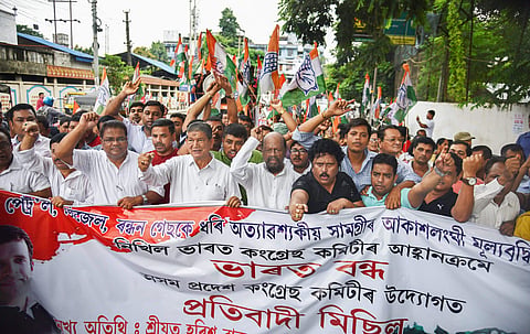 Guwahati Congress in-charge for Assam Harish Rawat and party supporters during 'Bharat Bandh' protest called by Congress and other parties against fuel price hike and depreciation of the rupee in Guwahati Monday Sept 10 2018.  (Photo | PTI)