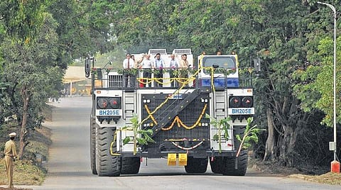 The country’s first 205-tonne electric dump truck in Mysuru on Monday  | Express
