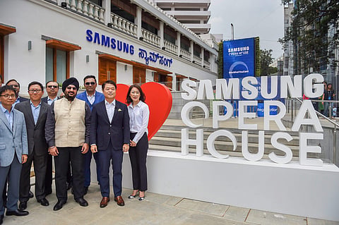 Samsung Southwest Asia President and CEO HC Hong Global VP Retail Stephanie Choi with others during the inauguration of world s largest mobile experience center 'Samsung Opera House' in Bengaluru. (Photo | PTI)