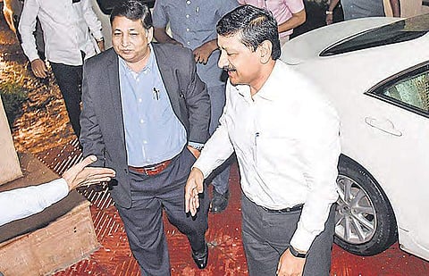 Deputy Election Commissioner Umesh Sinha (left) arrives at the Secretariat for his meeting with Opposition parties, in Hyderabad on Tuesday |  Express