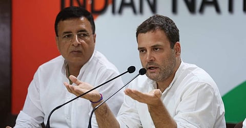 Congress chief Rahul Gandhi addressing a press conference in New Delhi on Thursday.  (Photo | Shekhar Yadav/EPS)