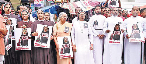 Priests who came to support the protest by nuns demanding the arrest of Bishop Franco Mulakkal, at High Court Junction in  Kochi on Saturday. The nuns have been protesting for the past eight days | Express