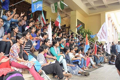 PU students gheraoing the administrative building on Monday (Photo | (Facebook/Sreekanth Sivadasan)