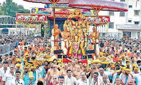 The idol of Lord Malayappa Swamy being taken on the Hanumantha and  Gaja Vahanams in Tirumala on Tuesday | Madhav K