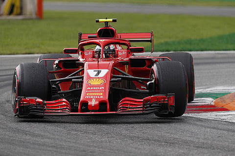 Ferrari driver Kimi Raikkonen of Finland steers his car during the qualifying session at the Monza racetrack, in Monza, Italy, Saturday, Sept. 1, 2018. The Formula One race will be held on Sunday. | AP