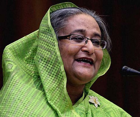 Bangladesh Prime Minister Sheikh Hasina addresses at the India-Bangladesh business meet in Agartala. (PTI)