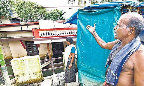 Nagamma and Gopalakrishnan standing beside their makeshift house in an elevated area on the bund of Paruthuvalavu paddy polder in Kuttanad. Their inundated house is seen behind | ARUN ANGELA