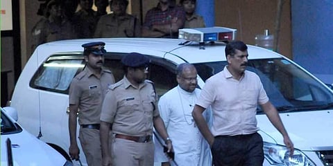 Bishop Franco Mulakkal comes out of the Tripunithura Crime Branch Office. (Photo | File / EPS)