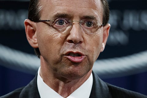 Deputy Attorney General Rod Rosenstein speaks during a news conference at the Department of Justice in Washington. Rosenstein is expecting to be fired, heading to White House Monday morning. (Photo | AP)