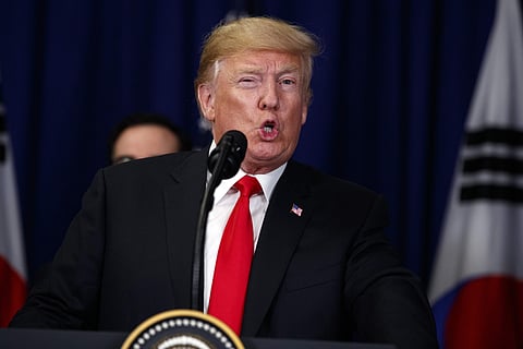US President Donald Trump speaks during a signing ceremony for the United States-Korea Free Trade Agreement during the United Nations General Assembly, Sept. 24, 2018, in New York. (Photo | AP)