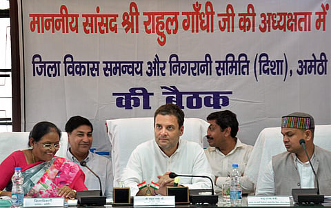 Congress president Rahul Gandhi presides over a meeting on a two-day visit to his Parliamentary constituency of Amethi Tuesday Sept 25 2018. | PTI