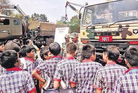 Students of Kendriya Vidyalaya interact with soldiers at the Pangode Military Station in  Thiruvananthapuram on Friday.