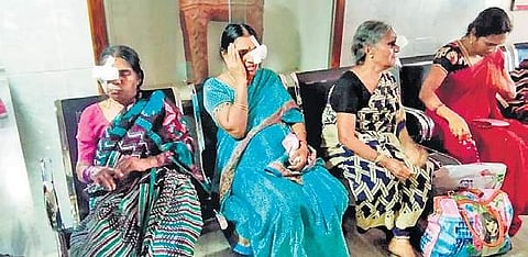 Women who developed complications after undergoing cataract surgery under Kanti Velugu programme in Warangal | Express Photo