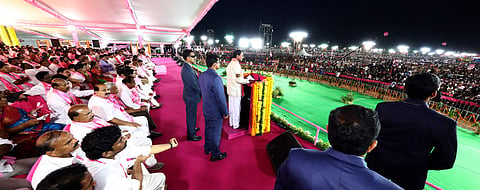 Telangana Chief Minister and TRS chief K. Chandrashekar Rao addresses the party’s Pragathi Nivedana Sabha meeting at Kongara Kalan on September 2, 2018. (Photo | EPS)