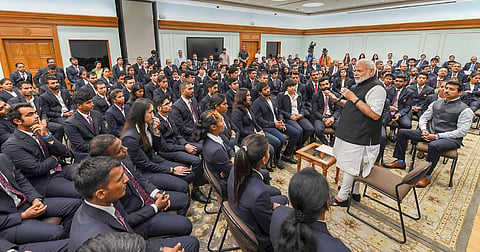 New Delhi Prime Minister Narendra Modi interacts with the medal winners of the 18th Asian Games in New Delhi on Wednesday Sept 5 2018. Sports Minister Rajyavardhan Singh Rathore is also seen.( Photo | PTI)