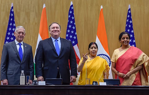 External Affairs Minister Sushma Swaraj Defence Minister Nirmala Sitharaman US Secretary of State Mike Pompeo and US Secretary of Defense James Mattis at a joint press conference after the India-US 2 2 Dialogue in New Delhi Thursday Sept 6 2018.( Photo | 