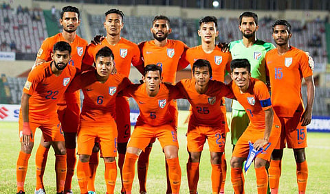 India produced a dominant display to beat Maldives 2-0 and book a semifinal spot in the South Asian Football Federation Cup here on Sunday. (Photo | Twitter/@indianfootball)