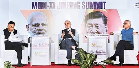 TCA Rangachary, former ambassador,  Arvind Gupta , Director, VIF, and  Srikanth Kondapalli, professor in Chinese studies, JNU, at a panel discussion in Chennai on Thursday | Ashwin Prasath