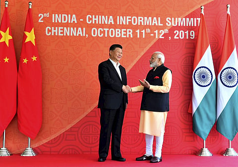 Prime Minister Narendra Modi with Chinese President Xi Jinping at Mamallapuram on Saturday Oct. 12 2019. | (Photo | Twitter)