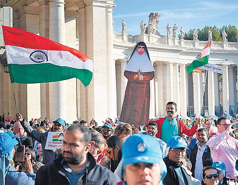 Faithful from India attend the canonisation mass for Sr Mariam Thresia at St Peter’s Square in the Vatican on Sunday. (Photo | AFP)