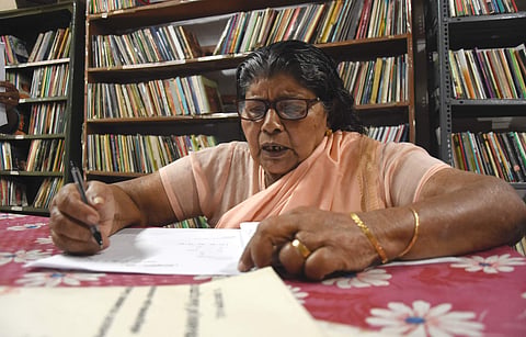 83-year-old K Subhadra before her exam at the KS Abraham Memorial Union Library at Thrikkannapuram on Sunday. (Photo | EPS/B P Deepu)