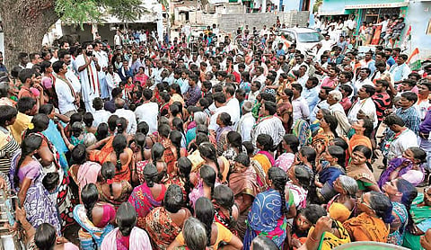 TPCC chief N Uttam Kumar Reddy speaks during an election campaign meeting in Huzurnagar on Sunday