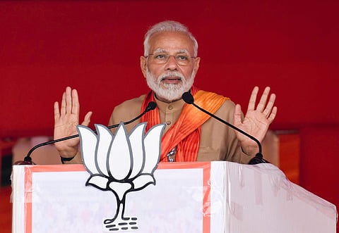 Prime Minister Narendra Modi addresses an election campaign rally ahead of Haryana Assembly elections at Thaneshar in Kurukshetra Tuesday Oct. 15 2019. | (Photo | PTI)