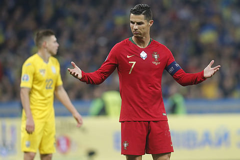 Portugal captain Cristiano Ronaldo gestures during the Euro 2020 group B qualifying match against Ukraine (Photo | AP)