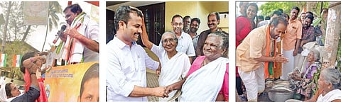 (From left) UDF candidate K Mohankumar, LDF candidate V K Prasanth and NDA candidate S Suresh campaigning for the bypoll in various regions of Vattiyoorkavu assembly constituency | Vincent Pulickal