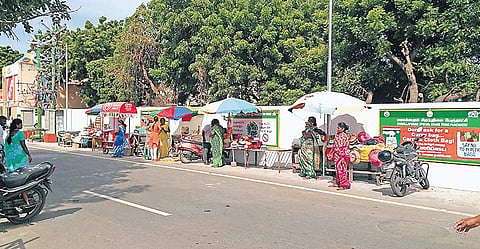 Street vendors are seen occupying  the road near Arjuna’s Penance and Krishna’s butter ball monuments at Mamallapuram  | express