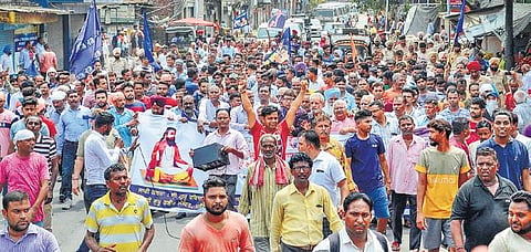Members of Guru Ravidas Sabha, Punjab, march during a protest over demolition of Guru Ravidas temple in Delhi, in Amritsar. | (  File Photo | PTI )