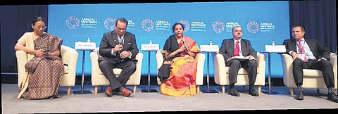 Union Finance Minister Nirmala Sitharaman (Centre) speaks to investors and US-based businessmen during her US tour. (Photo | EPS)