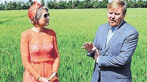 King Willem-Alexander and Queen Maxima of the Netherlands pose for a photograph with a paddy field in the background in Kuttanad on Friday| Express