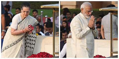 Congress chief Sonia Gandhi and PM Narendra Modi pay tribute to  Mahatma Gandhi on 150th birth Anniversary at Rajghat in New Delhi on Wednesday. | (Photo | Shekhar Yadav/EPS)
