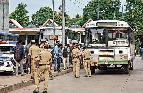 TSRTC bus stands at road on TSRTC bandh (Photo |EPS)