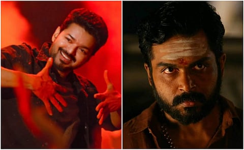 Vijay in 'Bigil' (L) and Karthi in 'Kaithi'
