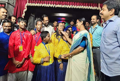 Minister for Health and Social Justice K K Shailaja interacting with the differently-abled children of Magic Planet at KINFRA Film and Video Park, Kazhakoottam in T’Puram on Wednesday | Express