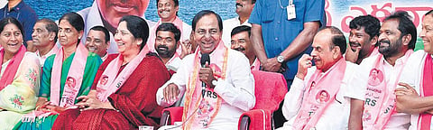 Chief Minister K Chandrasekhar Rao with the Cabinet ministers at a press conference in Telangana Bhavan in Hyderabad on Thursday | Vinay Madapu