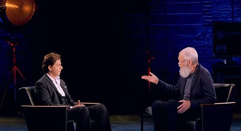 A still from Shah Rukh Khan's special episode with popular American host David Letterman. (Screengrab)