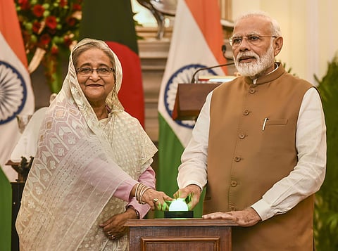 Prime Minister Narendra Modi with his Bangladeshi counterpart Sheikh Hasina. (Photo | PTI)