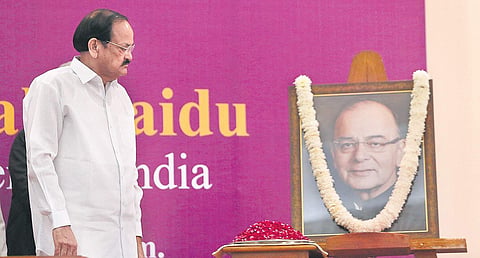 Vice-President M Venkaiah Naidu during the first Arun Jaitley Memorial lecture in New Delhi on Tuesday | Arun Kumar