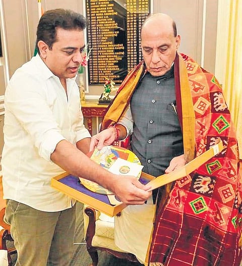 Telangana Municipal Administration Minister KT Rama Rao met Union Defence Minister Rajnath Singh in Delhi on Wednesday (Photo |EPS)