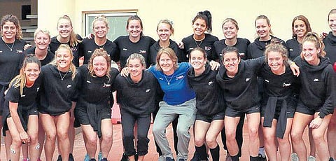 Janneke Schopman (C) with the team upon their arrival in Bhubaneswar | IRFANA