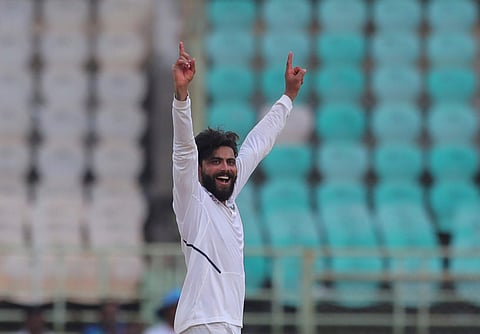 Ravindra Jadeja celebrates the wicket of  Dean Elgar (Photo | AP)