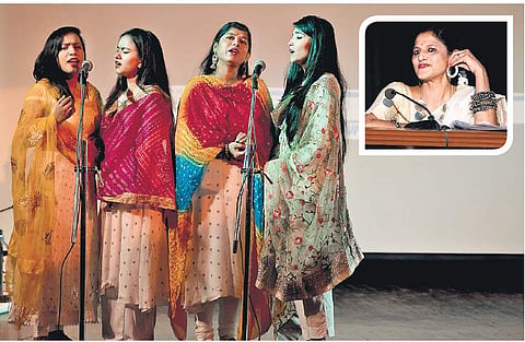 Students of Ustad Iqbal Ahmed Khan performing at the event curated by(inset) Dr Navina Jafa in Delhi