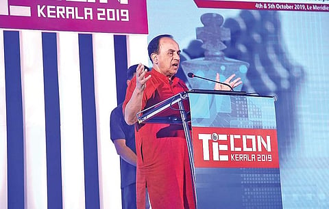Economist and BJP MP Subramanian Swamy addressing the valedictory meet of the TiEcon Kerala entrepreneurship meet at Le Meridian Convention Centre in Kochi on Saturday