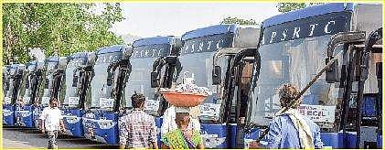 APSRTC’s Corona buses parked at PNBS in Vijayawada. (Photo | EPS)