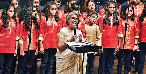 Nirupama Rao with the orchestra ensemble which consisted of cellos, violas, flutes, clarinets, bassoons, trumpets and percussion| Shriram BN