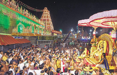 The processional deity of Lord Malayappa Swamy taken atop Chandraprabha Vahanam at Tirumala on Sunday  | madhav k