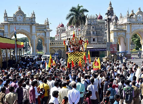 Idol of Goddess Bhuvaneshwari during the Kannada Rajyothsava procession in Mysuru on Friday. (Photo | EPS/Udayshankar S)